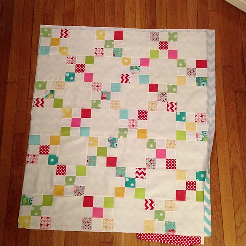Small miracle. Quilt top finished in less than a week. Finished size 36 x 42. Aqua chevron back red polka for binding. #iwanttokeepit