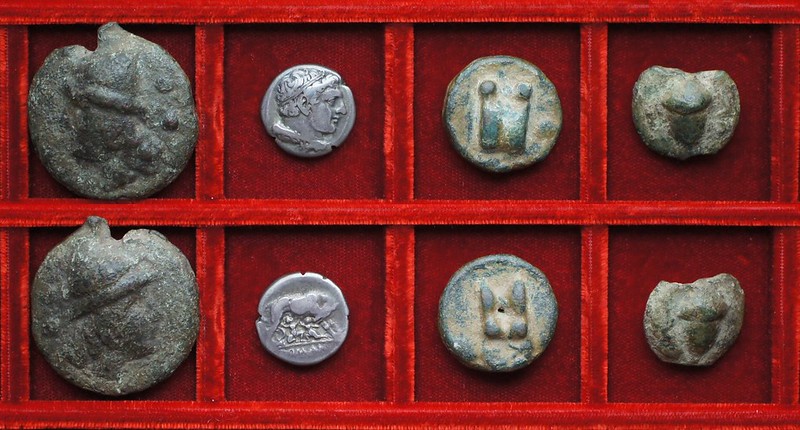RRC 18 Aes Grave sextans, RRC 20 Hercules Wolf Twins didrachm, RRC 21 Roma-Roma Aes Grave uncia, semuncia, Ahala collection, coins of the Roman Republic