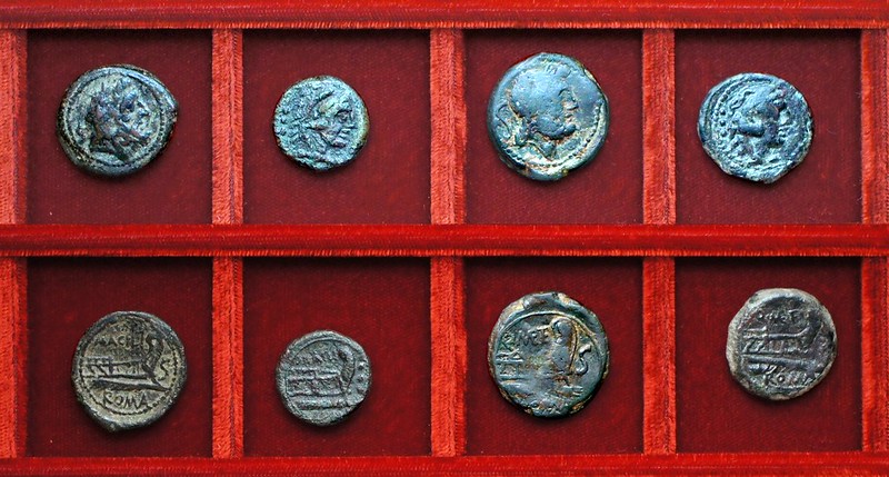 RRC 255 M.ACILI Acilia bronzes, RRC 256 Q.METE Caecilia bronzes, Ahala collection, coins of the Roman Republic