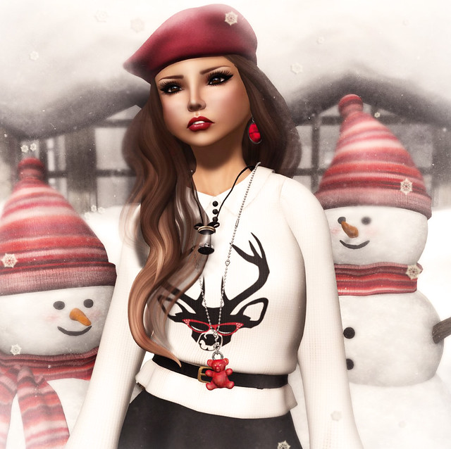 The Secret Store - Christmas Sweater - Oh Deer-White & Crepe Skater Skirt - Charcoal Close