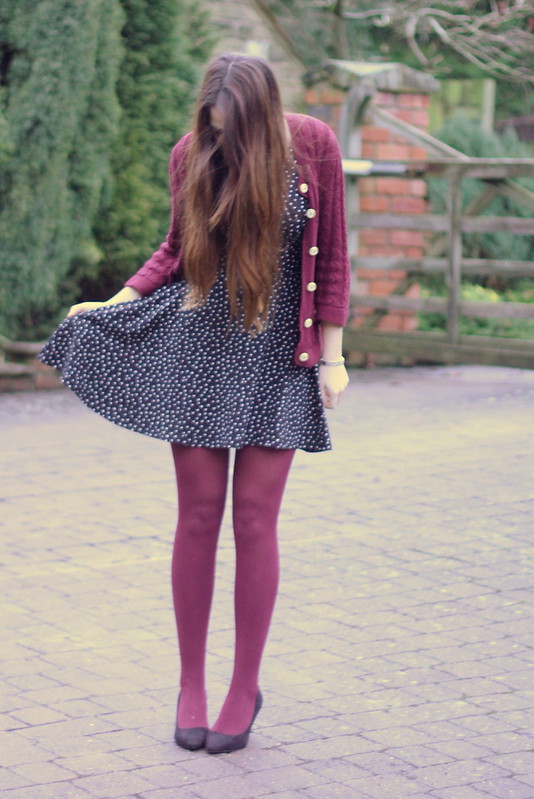 Starry Chicwish dress, burgundy tights, ASOS black heels