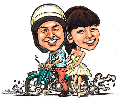 wedding couple caricatures on a motorbike
