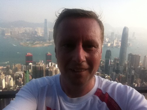 Marc on The Peak during the run, with view over Hong Kong