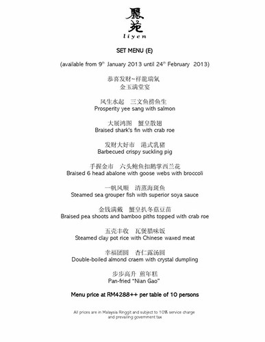 CNY Menu 2013 - Li Yen Chinese Restaurant, The Ritz Carlton Hotel