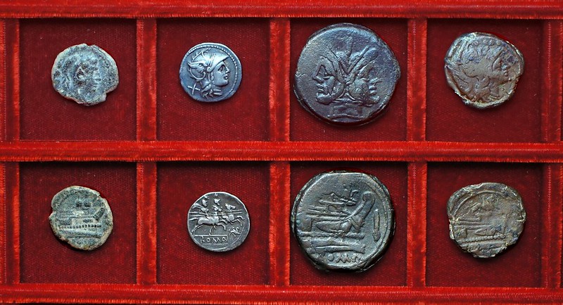 RRC 182 gryphon denarius and bronzes, RRC 181 caps of dioscuri quadrans, Ahala collection, coins of the Roman Republic