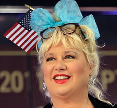 Victoria Jackson with a bow on her head