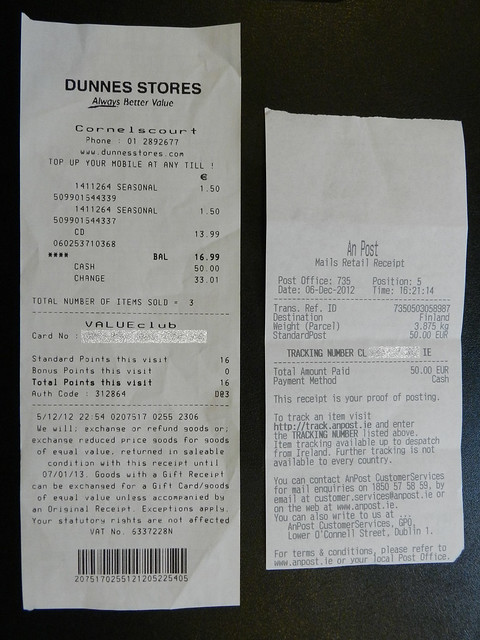 Dunnes Stores & An Post receipts