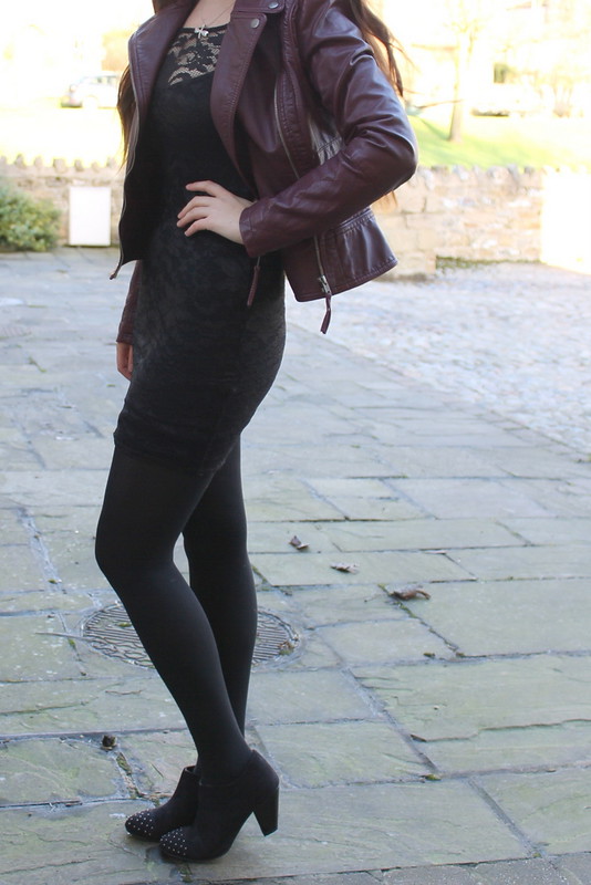 Chiara Fashion black lace dress, maroon biker jacket