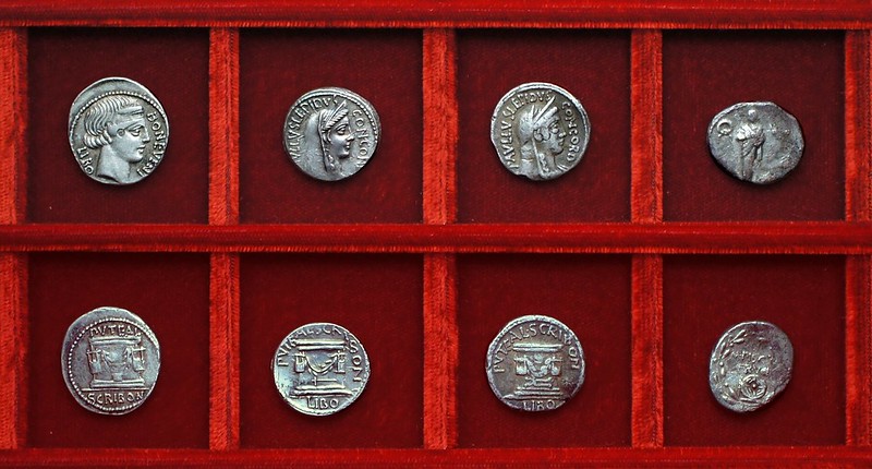RRC 416, 62BC LIBO Scribonia anvil, RRC 417, 62BC PAVLLVS Aemilia hammer, tongs, RRC 418, 58BC PISO FRVGI Calpurnia, Ahala collection, coins of the Roman Republic