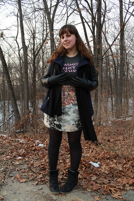 Fashion is Not a Luxury Outfit: Bitten t-shirt, Anthropologie mixed-print skirt, black tights, black sneaker wedges, Urban Outfitters navy peacoat with black leather sleeves, Anthropologie pavé ball and pyramid earrings