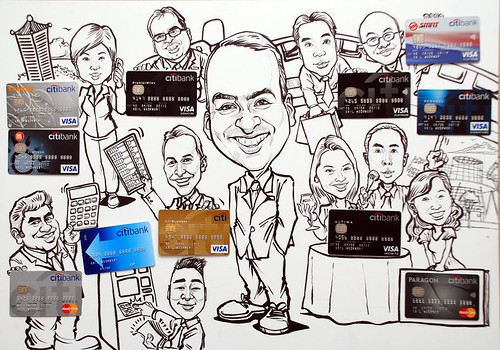 Group caricatures for Citibank - pen and brush