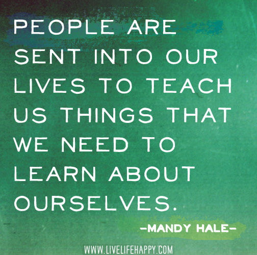 People are sent into our lives to teach us things that we need to learn about ourselves. -Mandy Hale