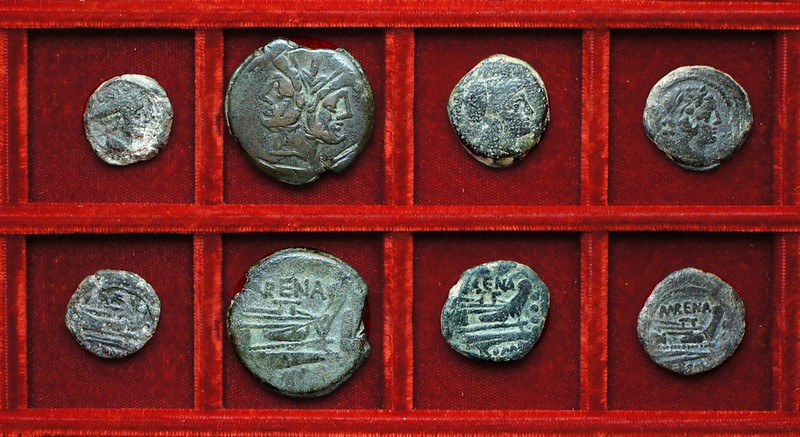 RRC 186 MVRENA Licinia bronzes, RRC 185 VARO Terentia sextans, Ahala collection, coins of the Roman Republic