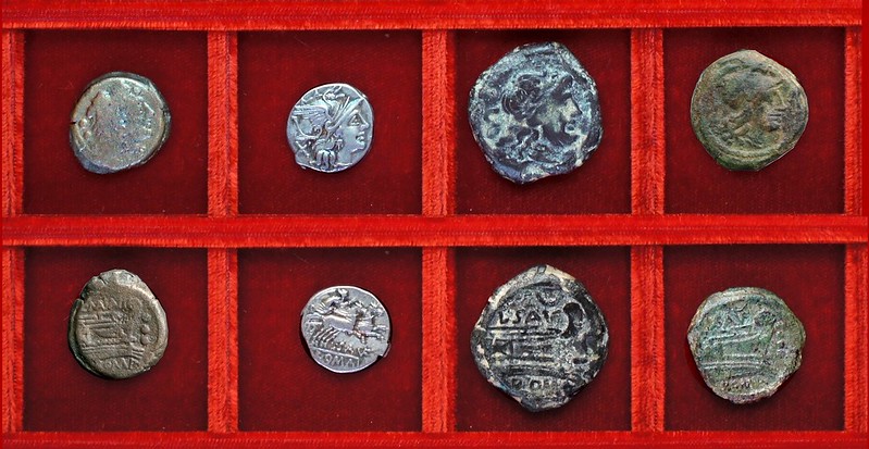 RRC 203 C.MAIANI Maiania quadrans, RRC 204 L.SAVF crescent Saufeia denarius and bronzes, Ahala collection, coins of the Roman Republic
