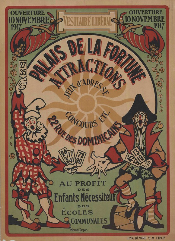 French poster advert for war effort event: clown and historical military-type are the main characters among the written message