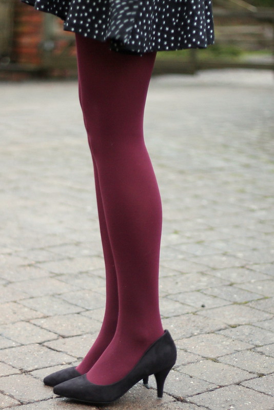 Starry Chicwish dress, burgundy tights, ASOS black heels