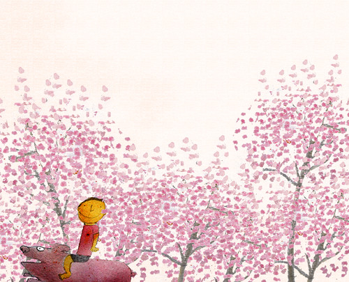圖說：櫻滿開 這個圖是烏來吉野櫻櫻花季的時候後畫的。那時在寫生，正好遇上一個小孩悠閒地騎著山豬走過去，一片的粉紅色，多麼有喜感，又多麼協調而安靜。 