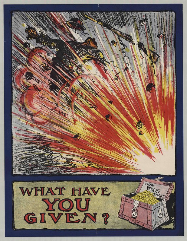 propaganda lithograph in colour with explosion and soldier flying through the air