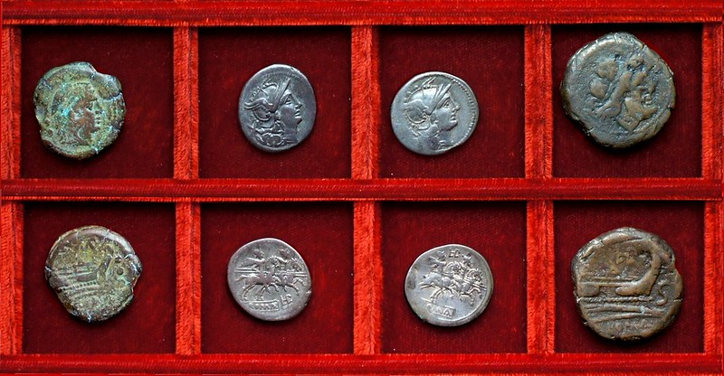 RRC 133 TAMP Baebia quadrans, RRC 134 LPLH Plautia denarii, semis, Ahala collection, coins of the Roman Republic