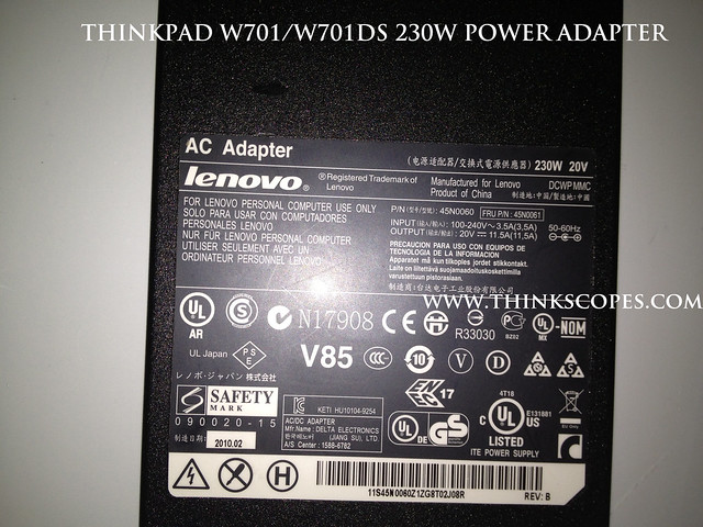ThinkPad 230 Watts W701 and W701ds Power Adpater specification