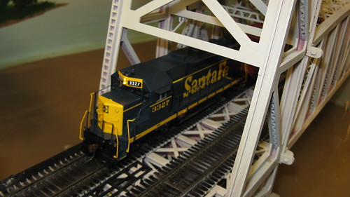 H.O Scale  Santa Fe freight train crossing the Missisippi River lift bridge. by Eddie from Chicago