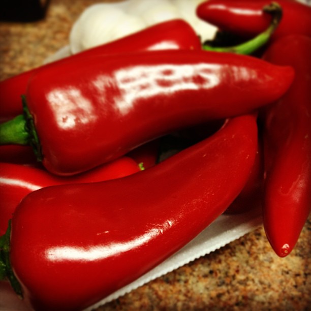 Making homemade Sriracha sauce with these red fresno chili peppers.