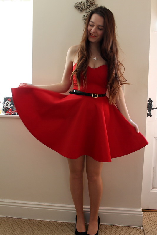 Chiara Fashion - red strapless dress, ASOS heels