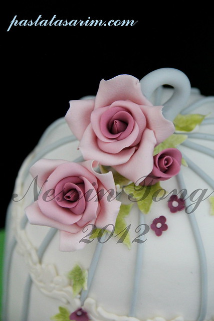 birdcase cake and pink roses