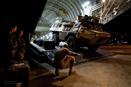Armoured vehicle being unloaded from an aircraft. Photo: UK Ministry of Defence/Flickr.