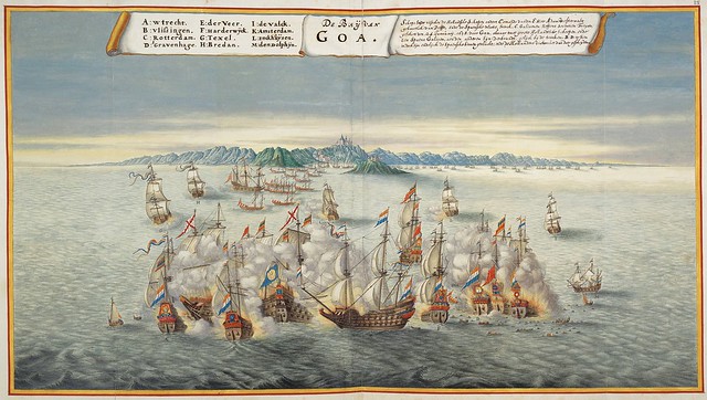 naval battle off coast of Goa, India - hand-painted 17th cent. engraving
