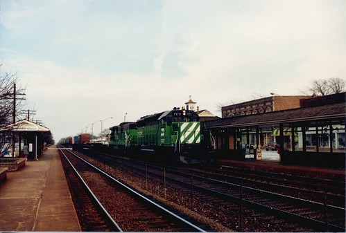 Westbound Burlington Northern freight train.  Western Springs Illinois.  Early April 1989. by Eddie from Chicago