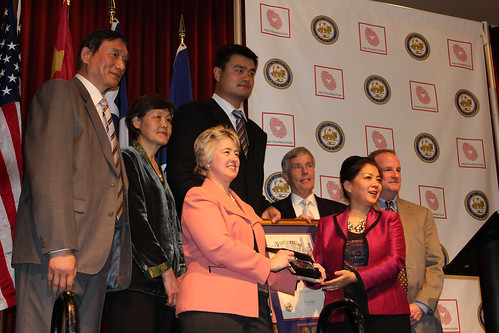 February 15th, 2013 - Yao Ming is presented a key to the city with his mother and father standing by his side