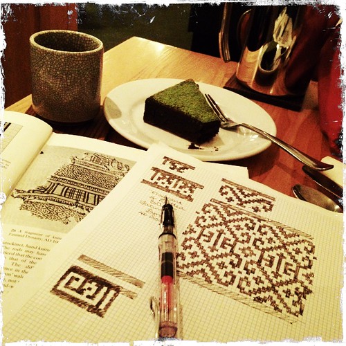 Green tea, matcha dusted brownie, and charting  historical knitting patterns.