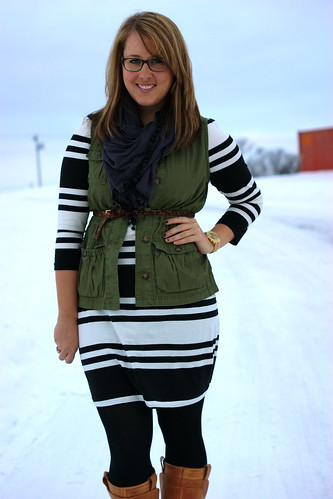 striped dress, vest, boots