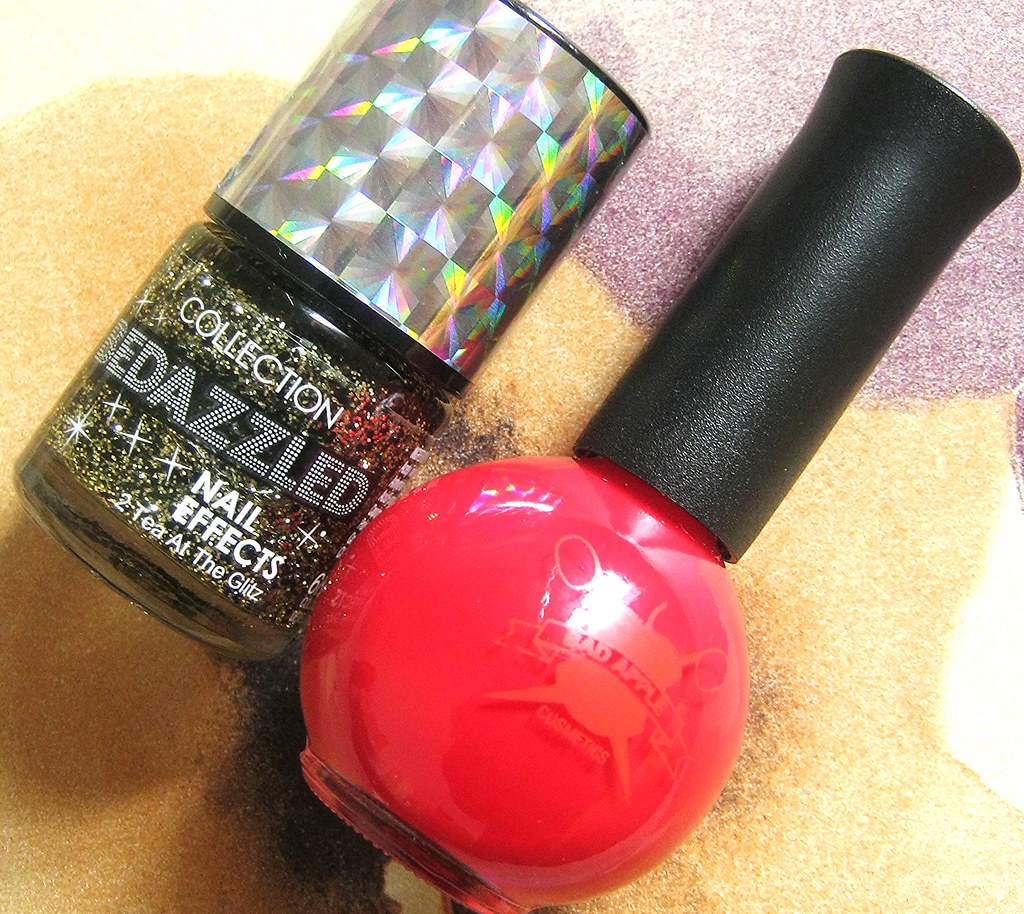 A picture of Collection bedazzled nail effects in 2 tea at the glitz.  A picture of Badapple nail polish. 