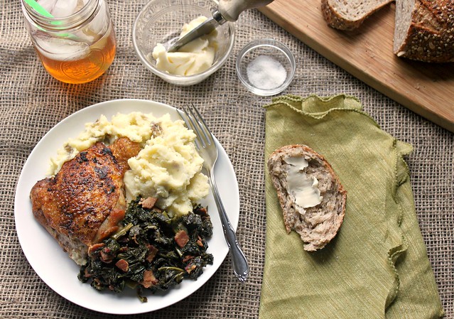 Crispy chicken thighs with braised kale and mashed potatoes recipe
