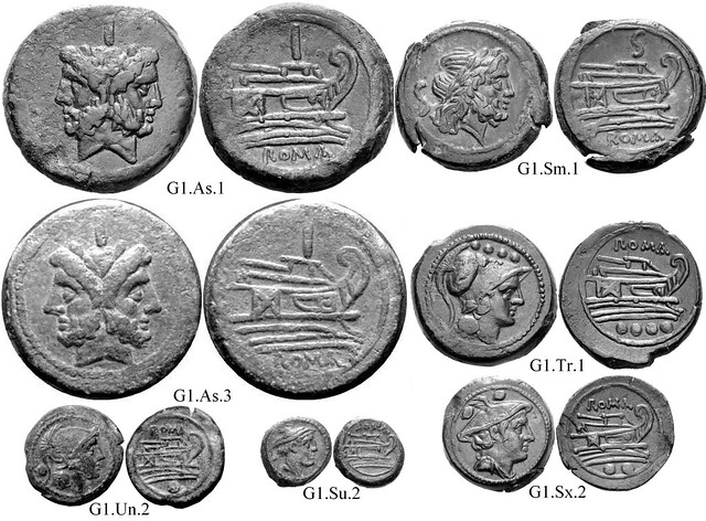 G1 Roman Republican Anonymous struck bronzes McCabe group G1, RRC56 Neat high-relief devices, well-centered on broad flans. Line-bounded bulbous prowstems. Small Janus heads. 40 gram As.