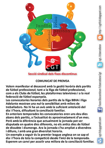 Comunicat CGT @fcbarcelona: reclama canvi horaris partits de futbol per a la conciliació de la vida laboral i familiar
