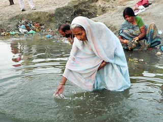 Woman diving into the Ganges as it passes through Varanasi (Varanasi - India)