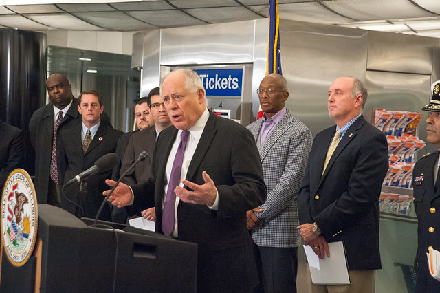 Governor Pat Quinn delivers remarks highlighting the installation of automated external defibrillator (AED) devices on Metra rail cars.