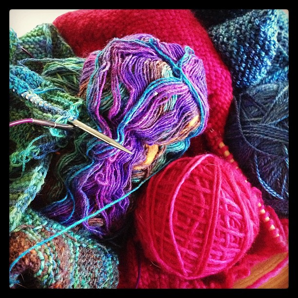 Bowl of knits in progress -new coffeetable centerpiece.