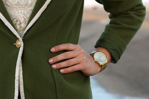 green blazer, lace shirt, gold watch