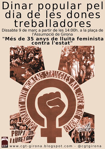 Cartell dinar 9 de març a girona de les dones treballadores. Més de 35 de lluita feminista contra l´estat