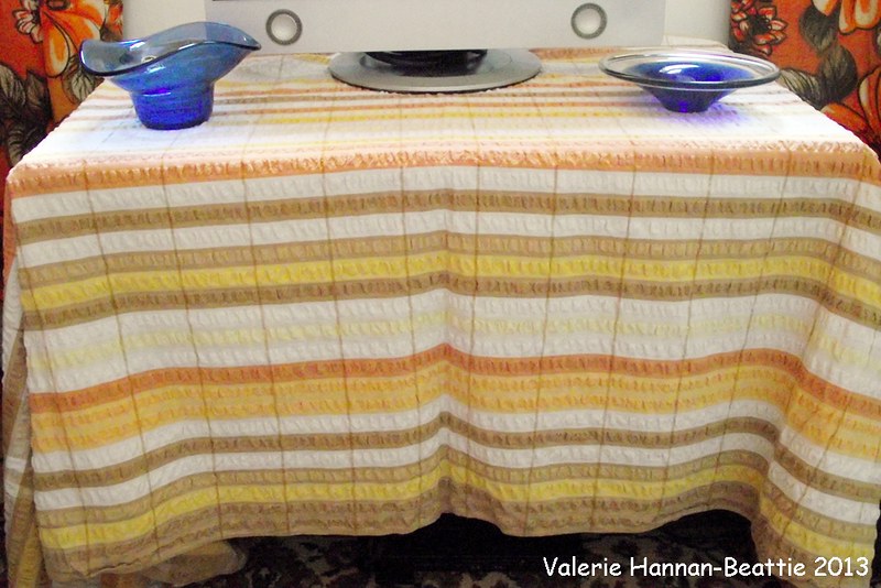 tablecloth vintage brown yellow stripe