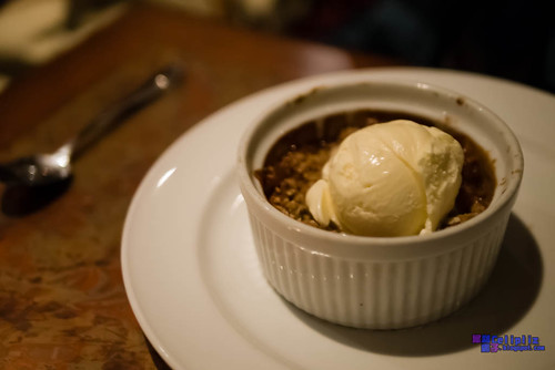 Apple rhubarb cobbler, brown sugar rolled oat topping, sour cream ice cream
