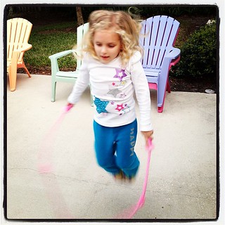 She is learning how to jumprope! Her PE Coach is teaching her & she is practicing at home.
