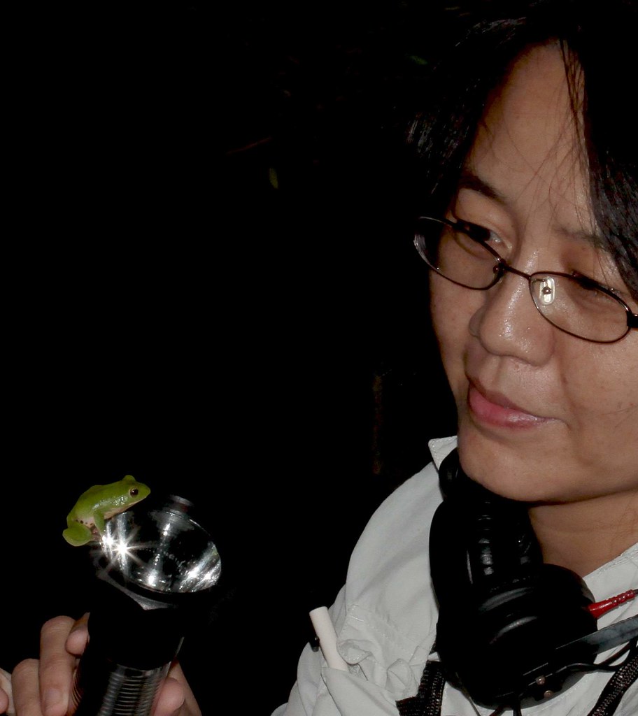 錄音時，與台北樹蛙相見歡！圖片提供：范欽慧。