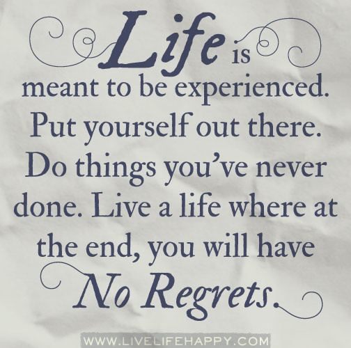 Life is meant to be experienced. Put yourself out there. Do things you've never done. Live a life where at the end, you will have no regrets.