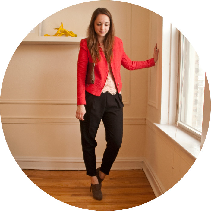 so much brightness, red moto jacket, red boucle jacket, red and pink, j.crew lace tee, zara black pleated pants, gray suede boots, boots with ankle pants, what to wear with, work outfit, hwo to wear