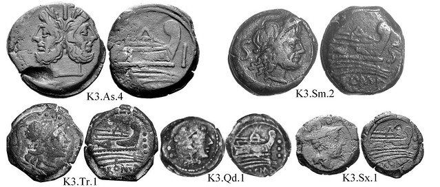 K3 Roman Republican Anonymous struck bronzes McCabe group K3, RRC 197-198B/1b and fractions. Peaked deck structure, value before prow, unkempt beard, bulbous prowstem. 25 gram As.